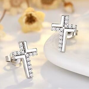 NEW SIMULATED‎ DIAMOND CROSS STUD EARRINGS, RELIGIOUS JEWELRY , MENS JEWELRY